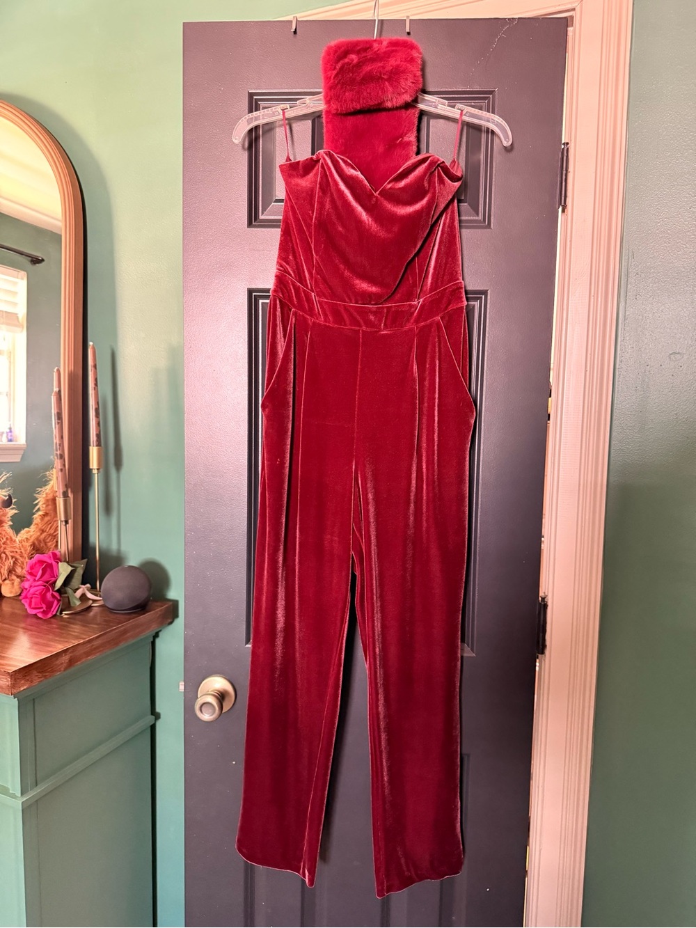 Express Velvet Strapless Jumpsuit in Deep Red with Matching Faux Fur Stole